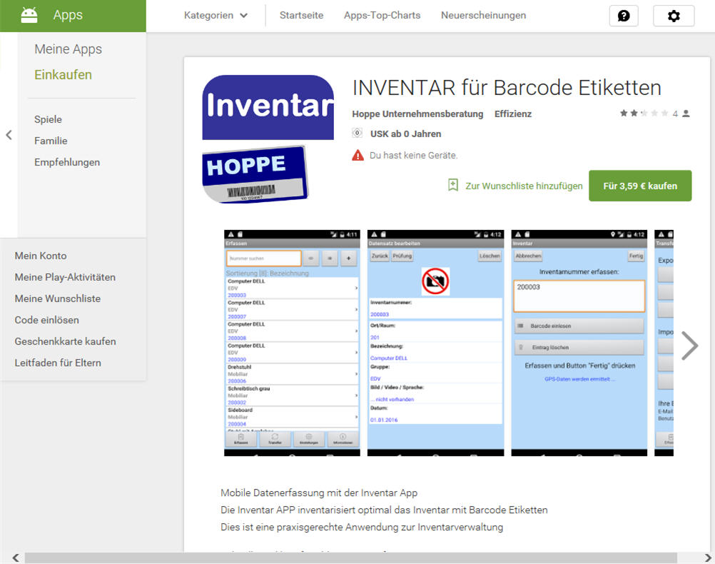 Google Play  Inventar - komfortable Inventarisierung mit Barcode
