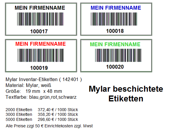 Inventaretiketten beschichtete mit Mylar incl. Barcode Inventuretiketten 