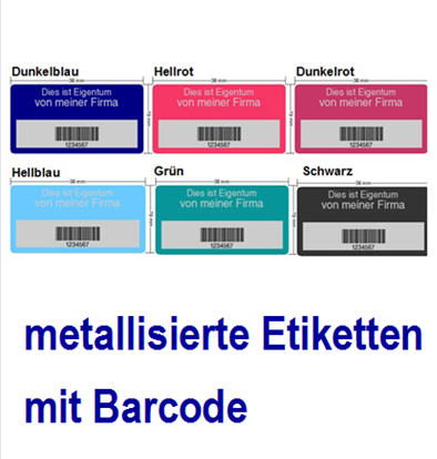   Inventaretiketten metallisiert mit Vornummerierung.; mit Wunschtext Firmenlogo .; Nummerierung.; und Barcode.;